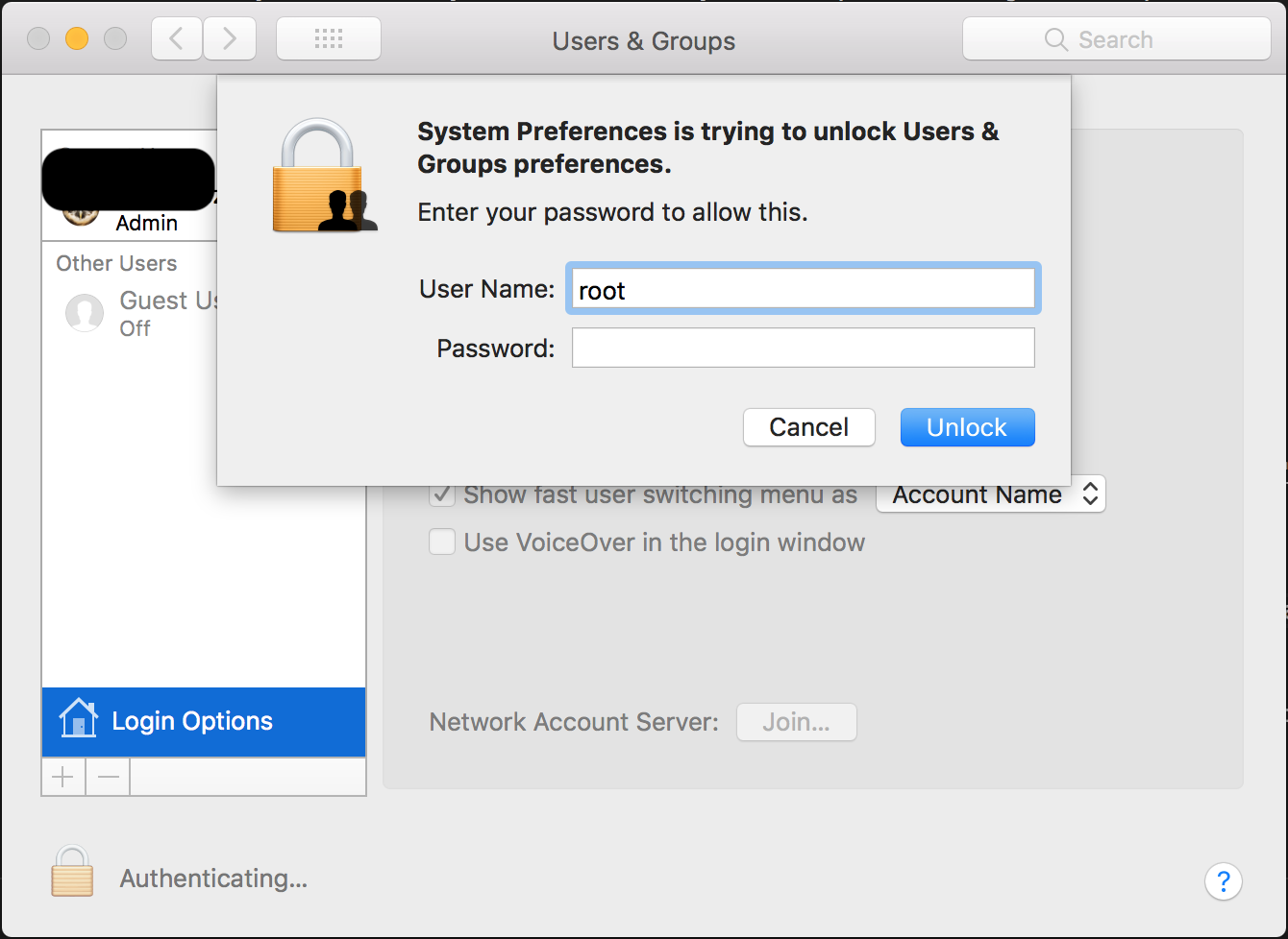Users & Groups unlock window screenshot