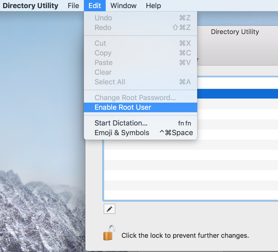 Enable root user menu option screenshot