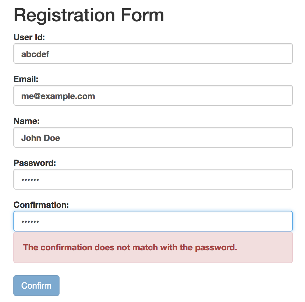 Password confirmation mismatch screenshot